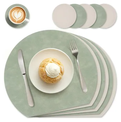 Platzsets aus PU-Leder, 6er-Set, rund, doppelseitig, Grün/Elfenbein