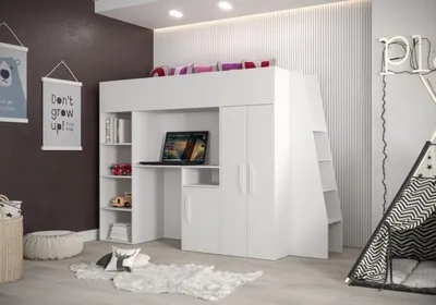 Produktbild von Hochbett mit Schreibtisch und Stauraum Ida – weiß