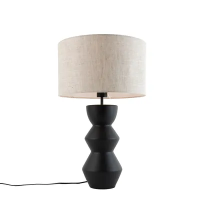 Produktbild von QAZQA - Design Tischleuchte I Tischlampe I Lampe I Leuchte Schwarz Stoffschirm Hellgrau 35 cm - Alisia I Wohnzimmer I Schlafzimmer - Keramik Rund - LED geeignet E27