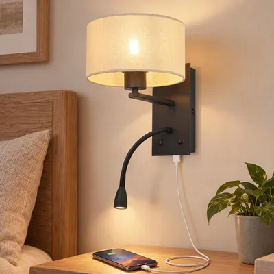 Produktbild von ZMH Wandleuchte Innen mit USB Ladefunktion Leselampe E27 Stoffschirm Wandlampe Schlafzimmer Modernes Design mit 360° Schwanenhals für Hotel Flur Weiß