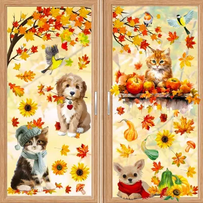 Produktbild von Fensterbilder Herbst - Selbstklebend - Dekoration für Fenster - 93 Stück auf 9 Blatt mit Ahornblättern Kürbis und Igel