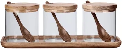 Imagen del producto de Recipiente para especias, juego de recipientes de vidrio para especias, salero, azucarero, caja de madera, contenedor de almacenamiento