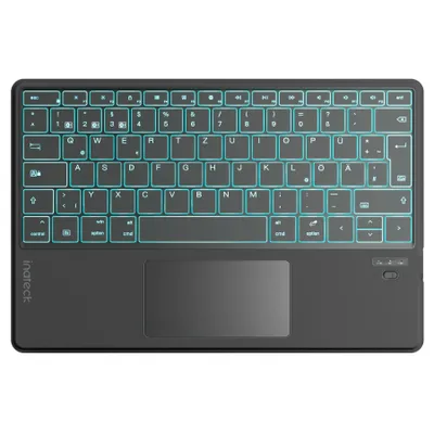 A top-down view of a black tablet keyboard with a touchpad and illuminated keys.