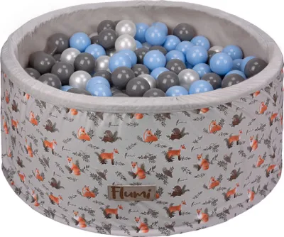 Obrázok produktu pre Flumi Ball Pool Baby - detský biliardový stôl 90x40 cm s 200 guľami ∅ 7 cm vyrobený v EÚ - svetlosivý / líšky + modré gule
