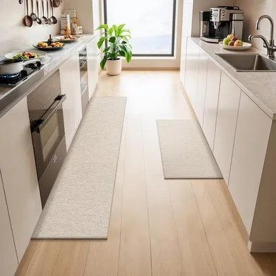 Obrázek produktu pro Sada 2 ochranných rohoží, 43 x 75 cm + 43 x 150 cm, krémová barva, vodoodpudivá, do kuchyní, chodeb a sprchových koutů