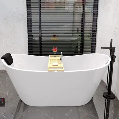 Produktbild von Freistehende Badewanne 170x80 Weiß Modern Exclusive Acryl Ablaufgarnitur VIEGA + Schwarz Kopfstütze + Bambus Badewannenablage | BADLAND ROSSA