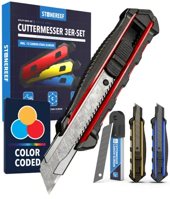 Produktbild von Cuttermesser Set 3er 18 mm + 10 Ersatzklingen - Cutter Tapetenmesser 3 Cuttermesser in Rot, Gelb und Blau - eines für jeden Arbeitsplatz