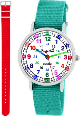 Produktbild von Kinder Armbanduhr Mädchen Jungs Lernuhr Uhrzeit lernen 2 Armband türkis + rot
