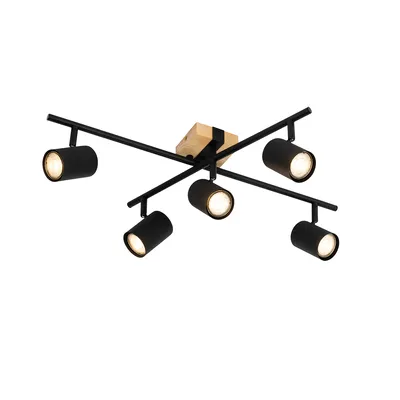 Zdjęcie produktu dla QAZQA - Nowoczesna lampa sufitowa I lampa sufitowa I lampa sufitowa I lampa czarna z drewnem 5-płomienna regulowana prostokątna - Jeana I salon I sypialnia - stal kwadratowa - LED odpowiedni GU10