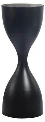 Beistelltisch Schwarz Rund im Sanduhr-Design aus Metall und Glas, Gesamtansicht von vorne.