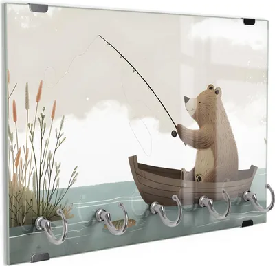Produktbild von DEQORI Schlüsselbrett Glas 30x20 cm 'Bärische Angelzeit' Schlüssel Halter Board Haken