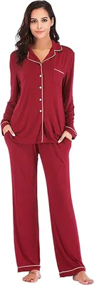 Image de ASKSA Pyjama Long Femme Pyjama doux avec patte de boutonnage Manches Longues Deux Pièces Pyjama d'intérieur, Vin rouge, L