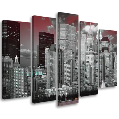 Produktbild von 5-teiliges leinwandbild new york city wolkenkratzer 200x100 cm Feeby rot wandbild bereit zum aufhängen