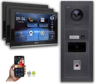 Image de Interphone vidéo Goliath IP 10 pouces avec lecteur d'empreintes digitales et RFID, couleur anthracite : 3 moniteurs : 10 pouces, noir : boîtier en saillie Nombre de moniteurs : 3 moniteurs Couleur du moniteur : 10 pouces, noir Montage : boîtier en saillie