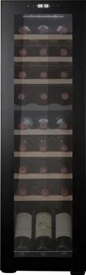 A tall, slim wine cooler with multiple shelves holding wine bottles.
