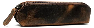 Imagen del producto de Estuche vintage de cuero redondo, color marrón, con cremallera, de 18 cm. Ideal para viajes, para guardar maquillaje y joyas