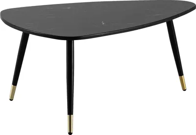 Couchtisch Dreieckig 90x60x41cm Marmoroptik Schwarz mit goldfarbenen Kappen in Gesamtansicht.