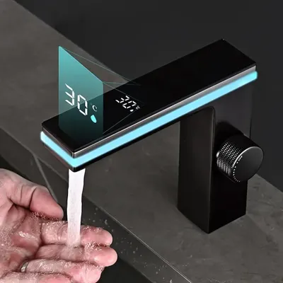 Produktbild von Waschbeckenbrause Wasserhahn, Badarmatur, LED Wasserhahn mit Temperaturanzeige - SCHWARZ