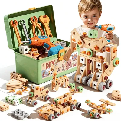 Produktbild von Akkuschrauber Kinder 145 Teiliges Werkzeug Werkzeugset Spielzeuge Montessori Kleinkinder Werkzeugkoffer Rollenspiel Bildungsspielzeug Baukit fuer Jungen und Maedchen ab 3 bis 10 Jahren (Gruen)