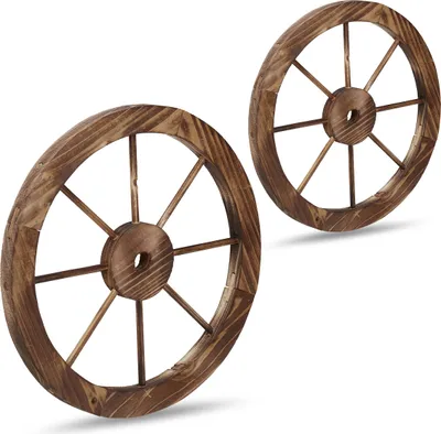 Image de Relaxdays Roue de charrette en bois, lot de 2, décoration pour jardin, terrasse, véranda, roue à rayons rustique, saloon, western, marron