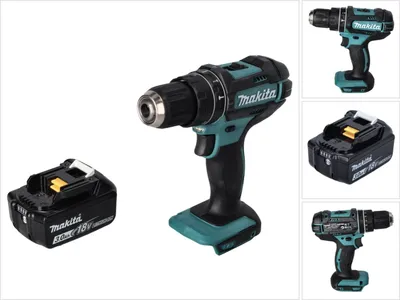 A collage of images showing a cordless drill and its battery.