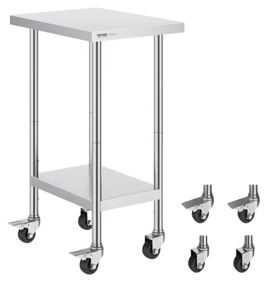 Immagine prodotto di Tavolo da lavoro in acciaio inox VEVOR, tavolo di preparazione 610 x 457 x 954,6 mm, capacità di carico 290 kg, con 4 ruote, 3 livelli di altezza regolabili, tavolo da lavoro per la preparazione di cibi per ristoranti commerciali