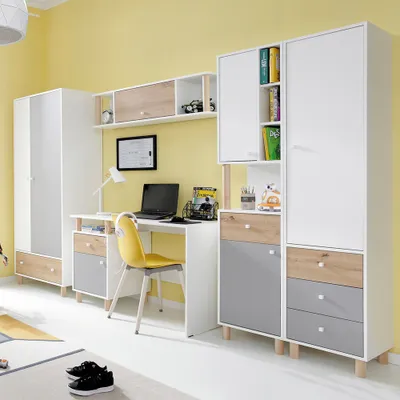 Produktbild von Jugendzimmer Set 5-teilig FAIRFAX-133 mit Schreibtisch in weiß mit Eiche und grau