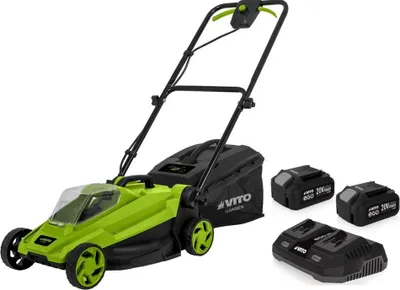 Image de Tondeuse à gazon 20V + 2 Batteries lithium 4.0Ah Chargeur double Bac 30L Gazon 500m2 VITO