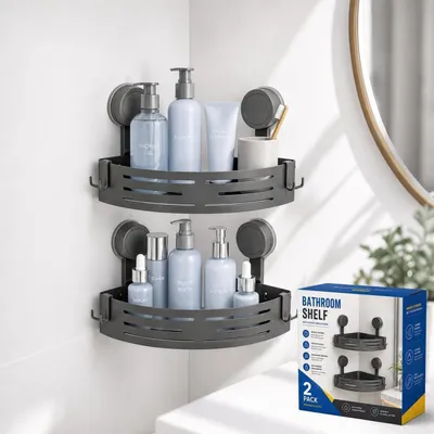 Image de Étagère de douche sans perçage, lot de 2, gris, modèle d'angle avec crochets