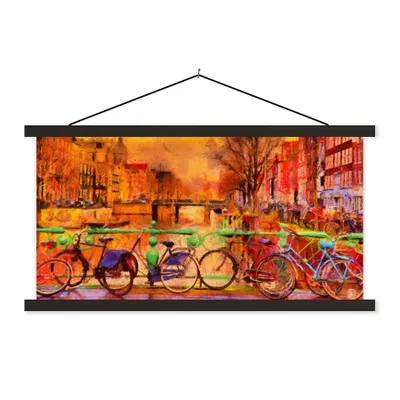 Produktbild von MuchoWow® Textilposter Gemälde - Fahrrad - Amsterdam - Gracht - Öl 150x75 cm mit schwarzem Rahmen - Posterleiste