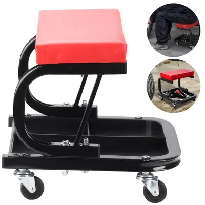 Obrázek produktu pro Pracovní stolička do garáže, židle, mobilní konstrukce s otočnými kolečky, úložný box, potah z umělé kůže, 360° otočná