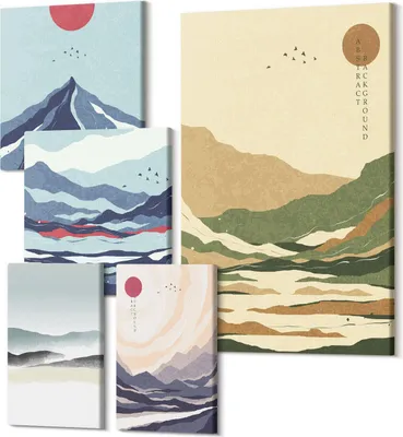 Produktbild von Wandbilder Leinwand 5-teilig – – Polycanvas Kunstdruck – Moderne Bilder für Wohnzimmer & Schlafzimmer – Aufhängefertig – 2x 30x30 cm + 2x 20x30 cm + 1x 40x60 cm – Berglandschaften mit minimalistischen Naturmotiven