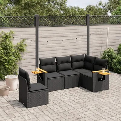 Produktbild von Design 5-tlg. Garten-Sofagarnitur mit Kissen Schwarz Poly Rattan, Gartenmöbel-Sets 2024 Neu