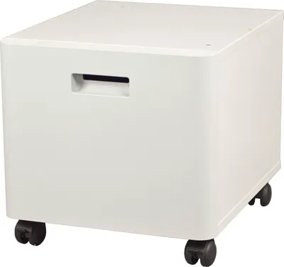 A white rolling cabinet with a handle on the front.