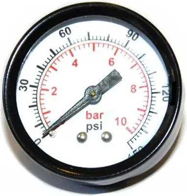 Zdjęcie produktu dla Manometr, zegar manometru 0-10 bar z tylnym przyłączem 1/4" metalowa obudowa o średnicy 50 mm