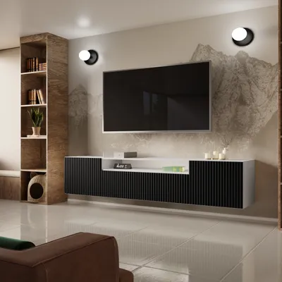 Image de Meuble TV Meuble TV Meuble TV bas 200 cm Façades fraisées verticalement Design moderne Trois portes Salon Montage mural (Couleur : blanc, noir)