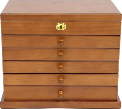 Zdjęcie produktu dla Szkatułka na biżuterię – pudełko do przechowywania biżuterii – 6 poziomów – drewno – styl vintage – z szufladą – brązowa