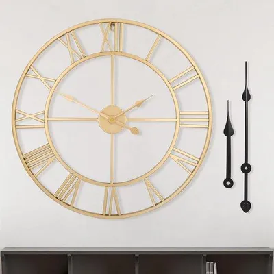 Zdjęcie produktu dla Duży zegar ścienny w stylu vintage, okrągły, metalowy, 47 cm, złote cyfry rzymskie