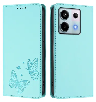 Obrázek produktu pro Kožené pouzdro pro Xiaomi Redmi Note 13 Pro 5G, motýlí ražbou, peněženkové flip pouzdro se stojánkem Mátově zelená