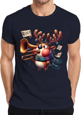 Productafbeelding van Kerstrendier, trompetnoten, grappig, schattig, heren T-shirt, marineblauw, XXL
