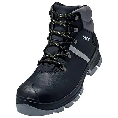A black and gray work boot with yellow-accented laces, shown from a three-quarter angle against a white background.