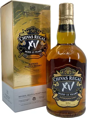 A bottle of Chivas Regal XV 15 Years Aged Blended Scotch Whisky and its gift box.