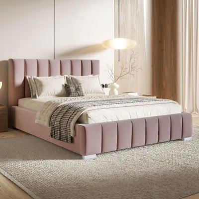 Produktbild von MOTIVENA Vigo Polsterbett 160x200 mit Bettkasten, Holz Lattenrost, Bett 160x200 Rosa Samt (Jasmine 61)