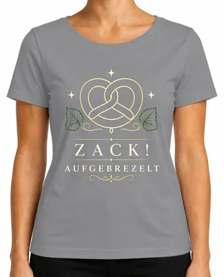 Immagine prodotto di Maglietta da donna con scritta "Zack Aufgebrezelt", motivo pretzel, stile bavarese, taglia L, colore grigio. Include anche: pantaloni in pelle (lederhose), gonna tradizionale (dirndl) e maglietta per feste di addio al nubilato (JGA)