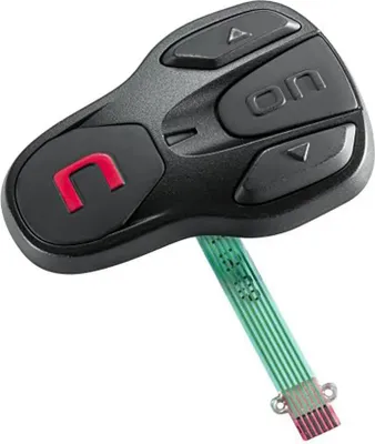 A black intercom keyboard with a red logo and a green ribbon cable.
