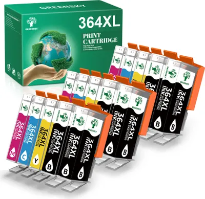 A box of GREENSKY 364XL print cartridges with multiple cartridges displayed in front.