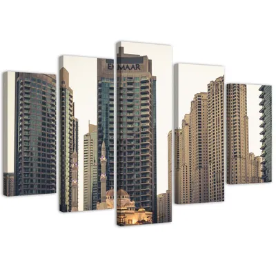 Produktbild von 5-teiliges leinwandbild wolkenkratzer in dubai 200x100 cm Feeby grau wandbild bereit zum aufhängen