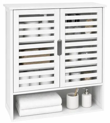 Image de Armoire de salle de bain à double porte et étagère ouverte, dimensions : 20 x 59 x 66,5 cm