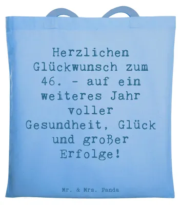 Produktbild von Mr. & Mrs. Panda Shopping Tasche Spruch 46. Geburtstag Glückwünsche - Sky Blue - Geschenk, Tragetasche, Glück, Happy Birthday, Jutebeutel, Schultasche, 46 Jahre, Tote Bag