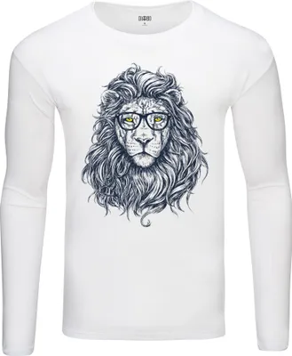 Produktbild von Herren Warm, Langarm-T-Shirt mit Druck Hipster-Löwe Weiß Gr.XXL